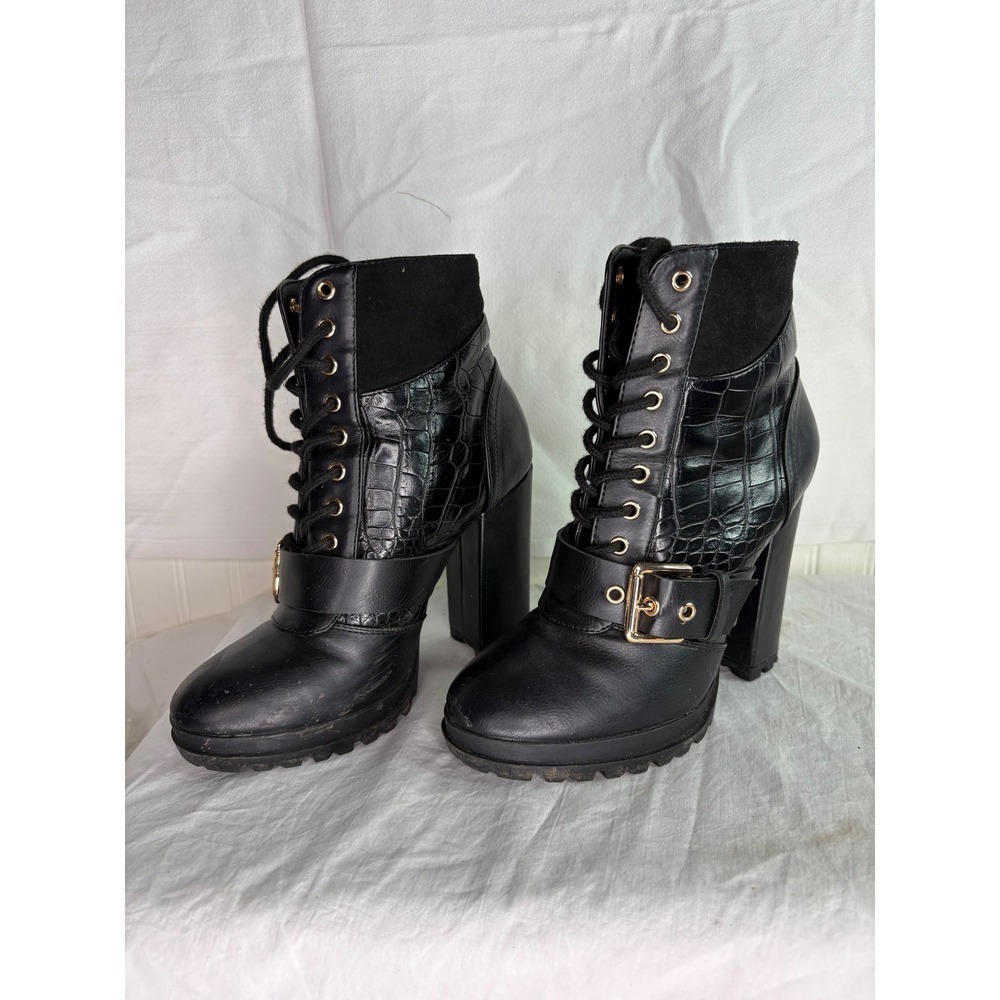 Dania Black Faux Leather Crocodile Print Buckle  Chunky Ankle Boots Women US 6